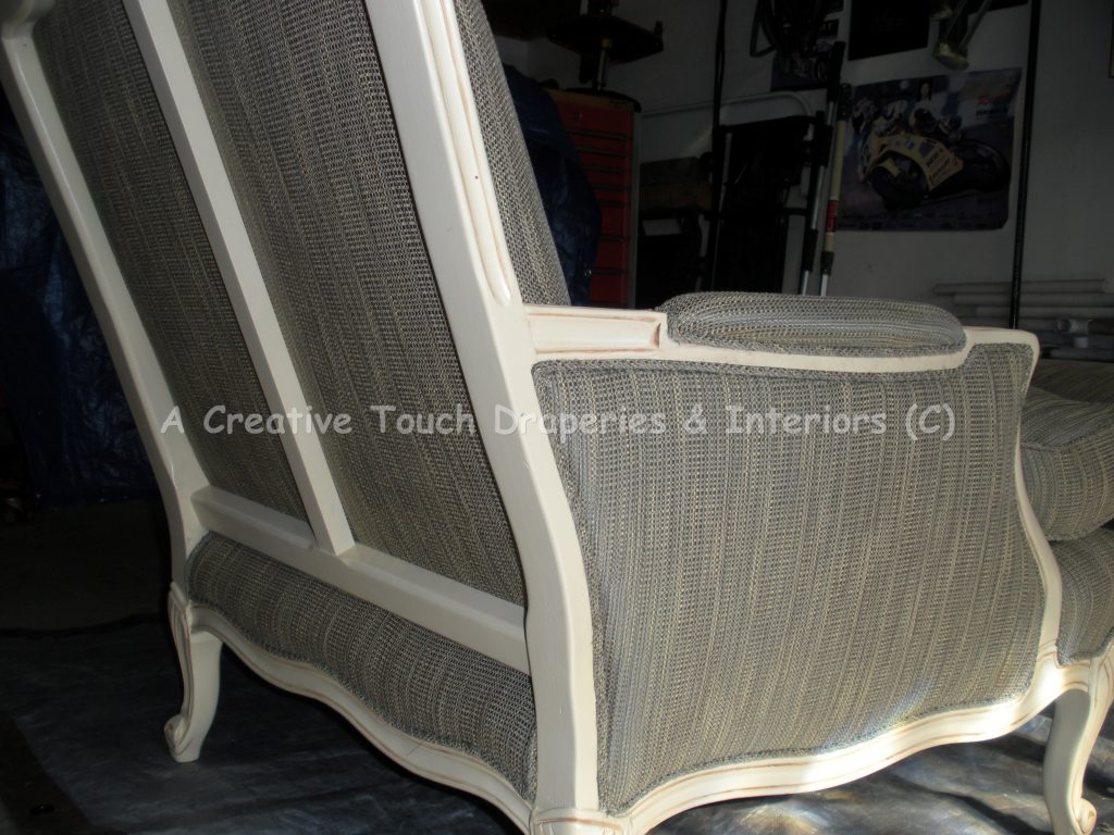 Chair image after upholstery updates to wood color and fabric